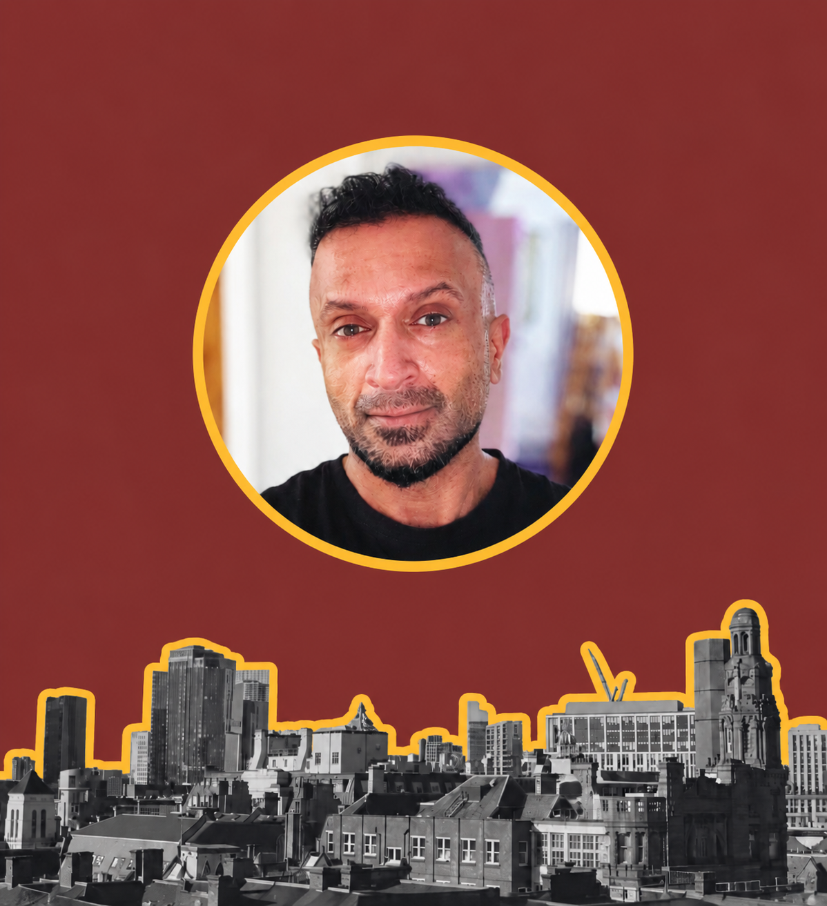 Waseem Chauhan portrait above the Manchester skyline